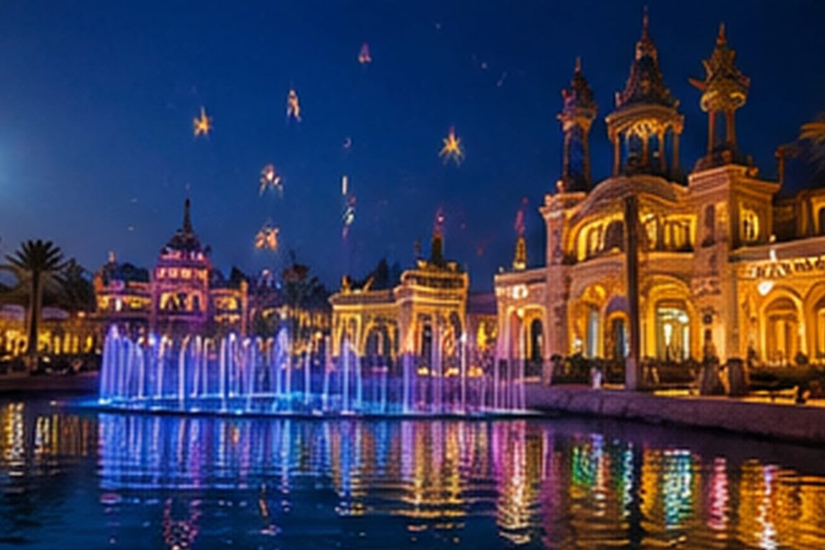 Wieczorny pokaz kolorowych fontann i iluminacji przy egipskim kurorcie