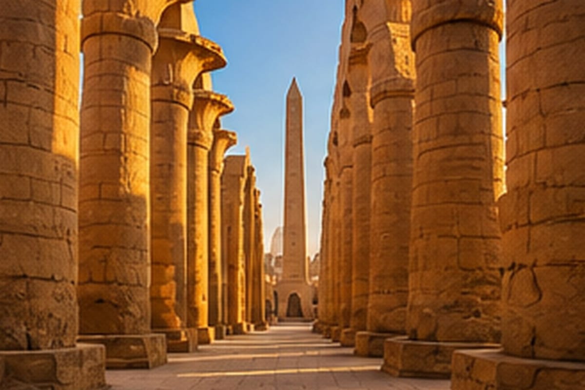 Kolumny i obelisk świątyni w Karnaku w Luksorze w złotym świetle